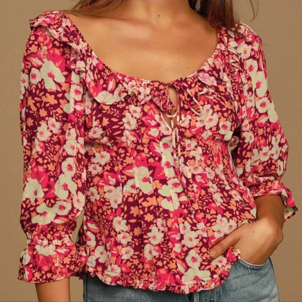 Free People Sweet Memories‎ Pink Multi Floral Print Ruffled Puff Sleeve Top XS